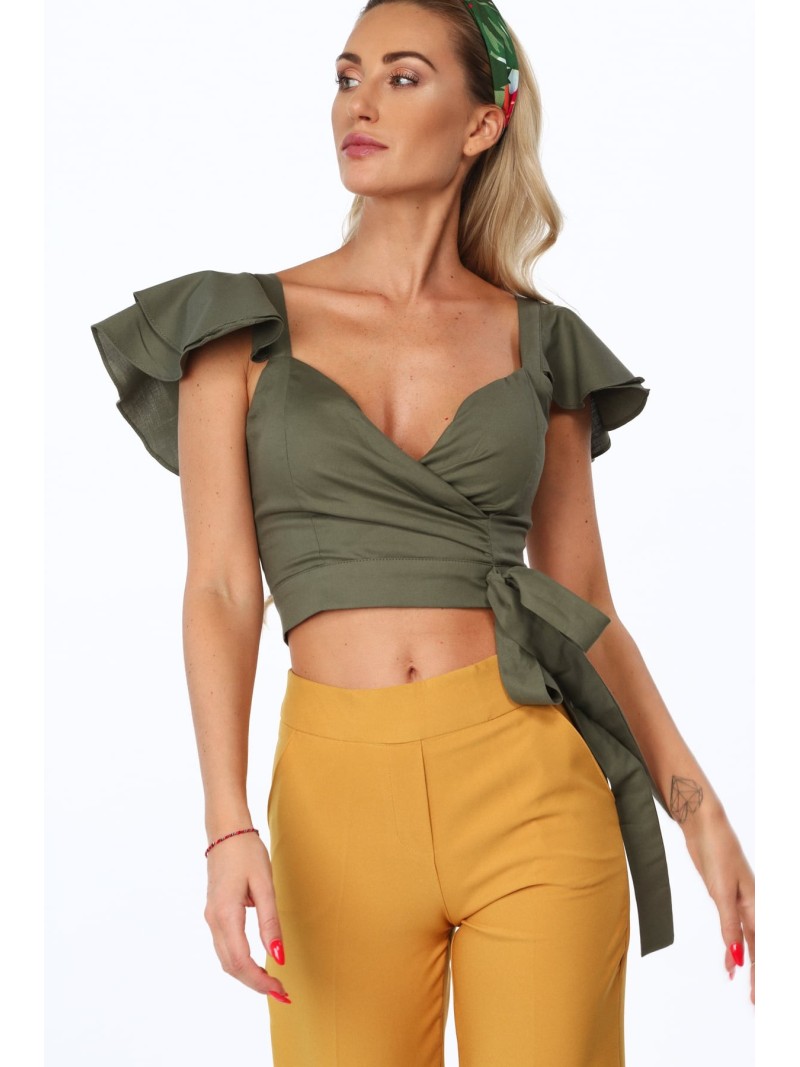 Khaki blouse with ruffles on the shoulders 97300 - Online store - Boutique